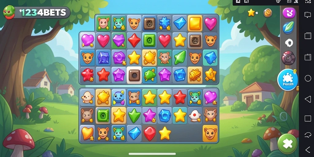 Screenshot antarmuka permainan <strong>1234BETS</strong> yang menampilkan keseruan bermain Puzzle Match-3.